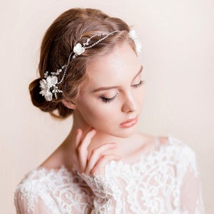 Bridal Headpiece Rhinestone Chain and Sakura Blossom Wedding Headband Rhinestone Bridal Hair Vine Hair Wreath Floral image 5