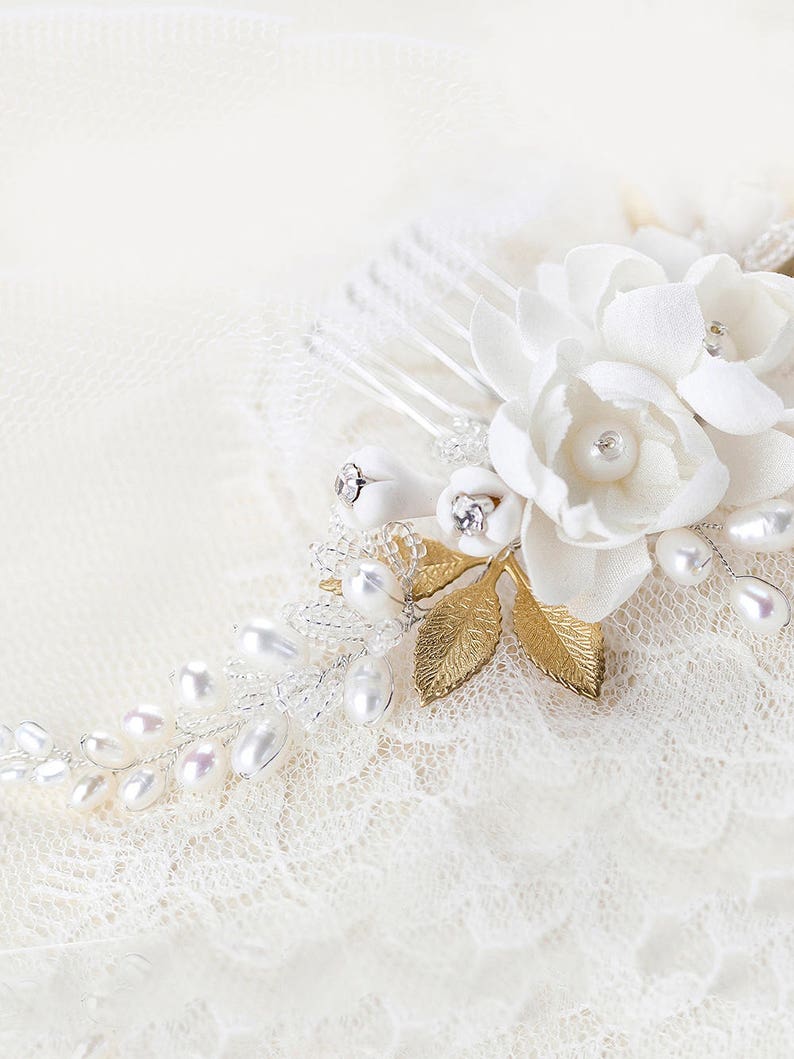 Veil Flower Hair Comb Dahlia Flower Bridal Headpiece with Pearls Wedding Hair Comb Ivory, white image 8
