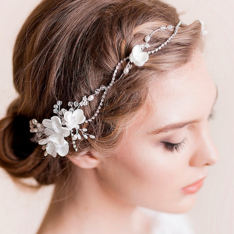 Bridal Headpiece Rhinestone Chain and Sakura Blossom Wedding Headband Rhinestone Bridal Hair Vine Hair Wreath Floral image 6