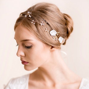 Bridal Hair Vine Delicate Wedding Headband Crystal Hair Piece with Silk Flowers Floral Halo Gold Acessories Wreath image 4