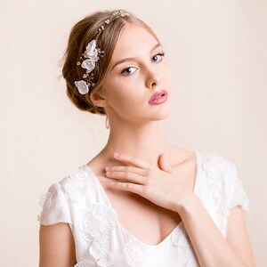 Bridal Hair Vine Delicate Wedding Headband Crystal Hair Piece with Silk Flowers Floral Halo Gold Acessories Wreath image 3