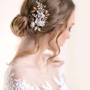 Gold Bridal Headpiece with Iris Flower Floral Wedding Hair Comb Wedding Hair Accessories Pearl and Crystal Head Piece image 4