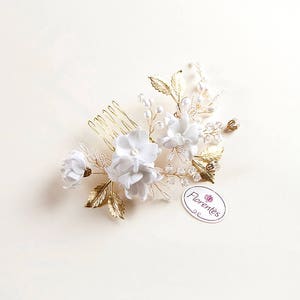 Gold Bridal Headpiece with Iris Flower Floral Wedding Hair Comb Wedding Hair Accessories Pearl and Crystal Head Piece image 6