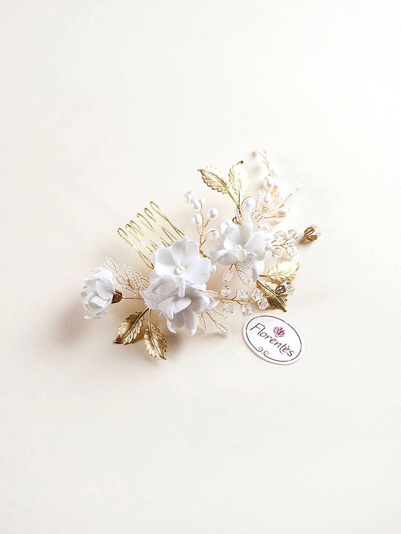 Gold Bridal Headpiece with Iris Flower Floral Wedding Hair Comb Wedding Hair Accessories Pearl and Crystal Head Piece image 6