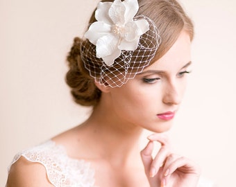 Bridal Fascinator with Magnolia Flower - Bridal Headpiece - Birdcage Fascinator - Wedding Hair Accessories - Floral Hairpiece