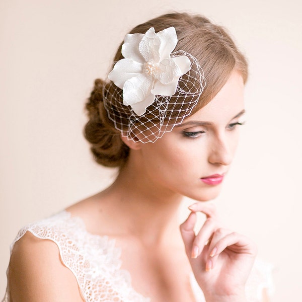 Bridal Fascinator with Magnolia Flower - Bridal Headpiece - Birdcage Fascinator - Wedding Hair Accessories - Floral Hairpiece