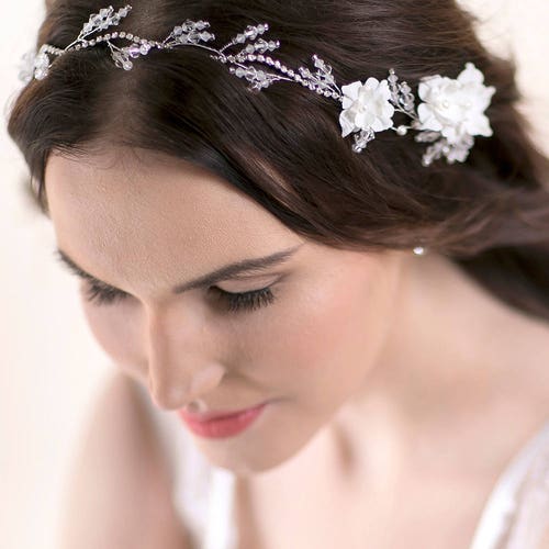 Crystal Hair Vine with Iris Flowers and Rhinestone - Bridal Headpiece - Wedding Headband - Blush shops Pink Accessory