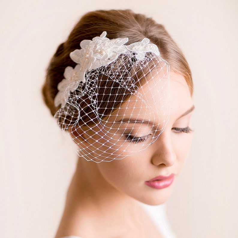 Lace Hair Piece with Small Birdcage Veil Bridal Lace Hair Piece Bridal Birdcage Veil with Lace Pearl, Lace, Ivory image 3