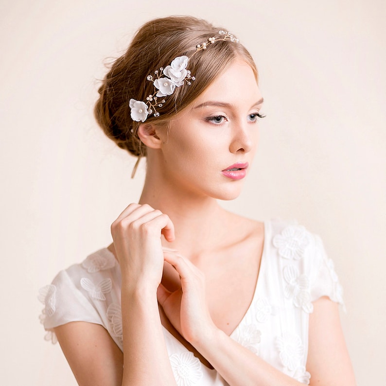 Bridal Hair Vine Delicate Wedding Headband Crystal Hair Piece with Silk Flowers Floral Halo Gold Acessories Wreath image 2