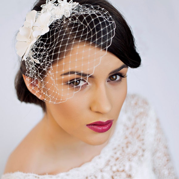 Small Birdcage Veil with Cherry Blossom in Ivory or White - Bridal Hair Piece - Wedding Hair Piece