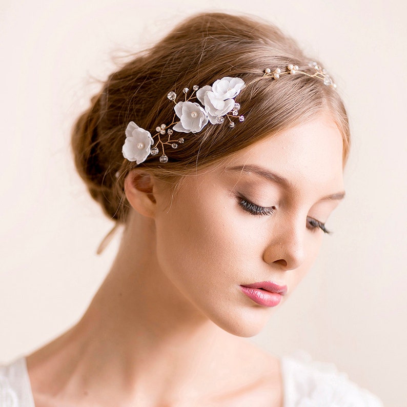 Bridal Hair Vine Delicate Wedding Headband Crystal Hair Piece with Silk Flowers Floral Halo Gold Acessories Wreath image 1