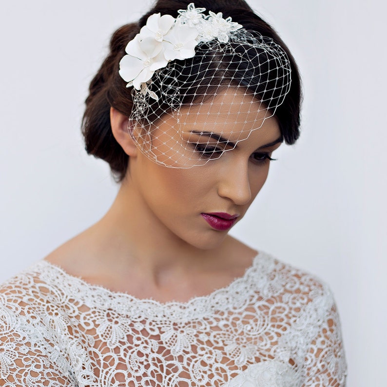 Small Birdcage Veil with Cherry Blossom in Ivory or White Bridal Hair Piece Wedding Hair Piece image 3