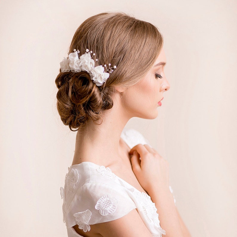Bridal Hair Pin Set Chiffon and Pearls Wedding Hair | Etsy
