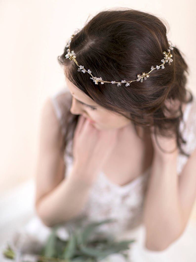 Delicate Hair Vine Wedding Wreath with Crystals Floral Bridal Hair Piece Crystal Vine Wedding Hairpiece image 2