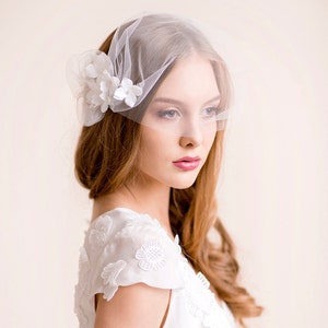 Bridal Tulle Blusher with Hydrangea Blooms - Wedding Blusher of Tulle - Bandeau Style - Bridal Hair Accessories with Flowers