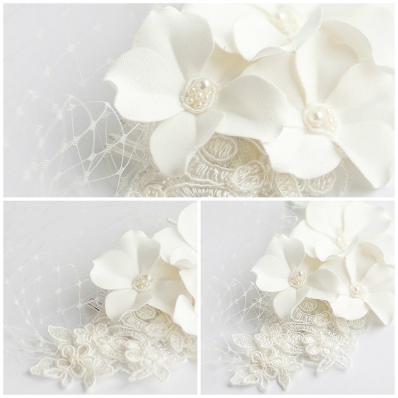 Small Birdcage Veil with Cherry Blossom in Ivory or White Bridal Hair Piece Wedding Hair Piece image 4