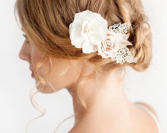 Rose Hair Piece Ivory Gold - Bridal Hair Piece - Bridal Flower Hair Comb - Bridal Hair Accessories