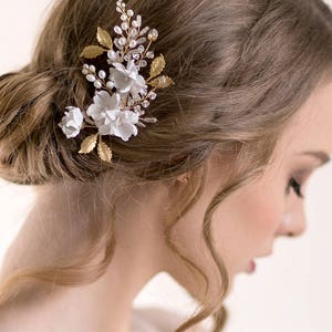 Gold Bridal Headpiece with Iris Flower Floral Wedding Hair Comb Wedding Hair Accessories Pearl and Crystal Head Piece image 5