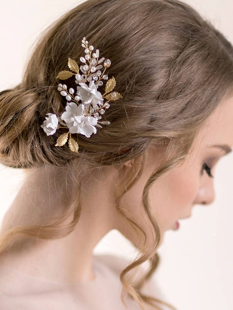 Gold Bridal Headpiece with Iris Flower Floral Wedding Hair Comb Wedding Hair Accessories Pearl and Crystal Head Piece image 5