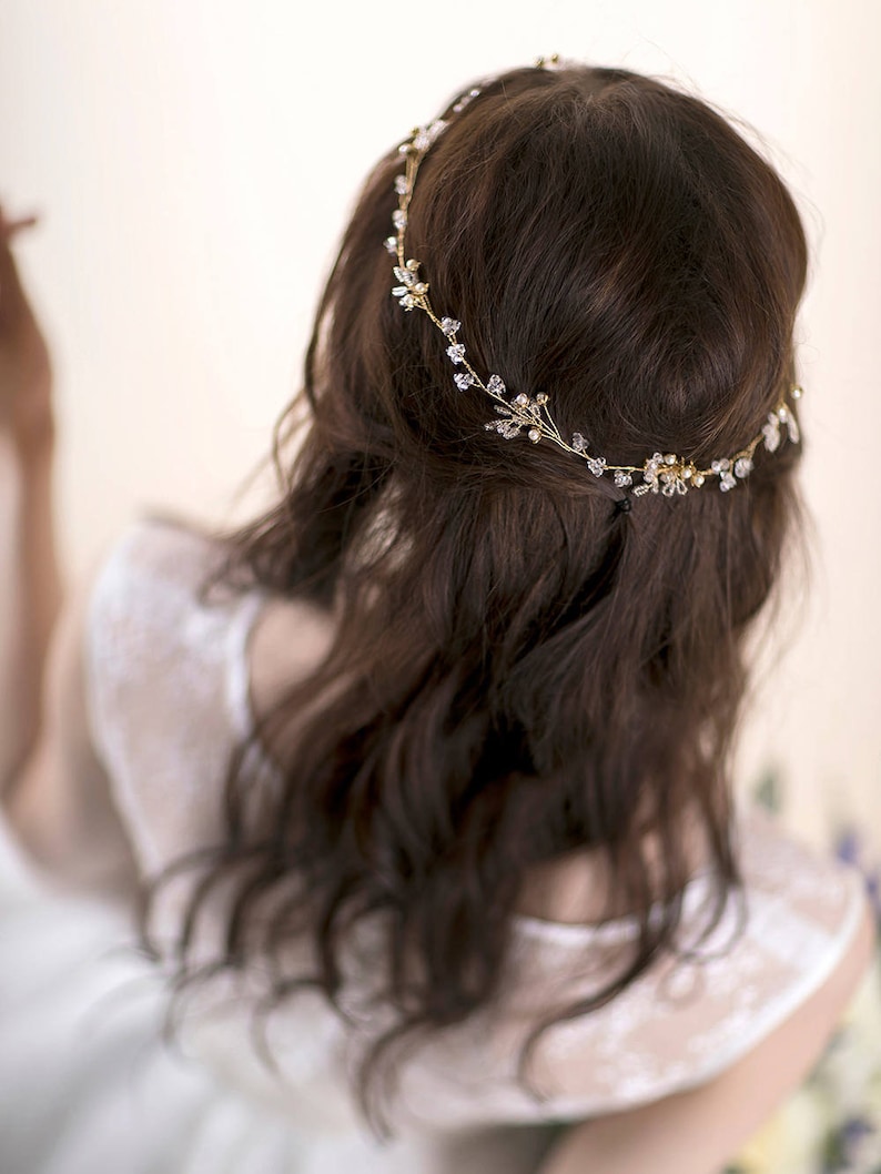 Delicate Hair Vine Wedding Wreath with Crystals Floral Bridal Hair Piece Crystal Vine Wedding Hairpiece image 1