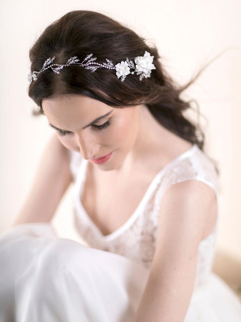 Blush Pink Accessory Crystal Hair Vine with Iris Flowers  and Rhinestone Wedding Headband Bridal Headpiece
