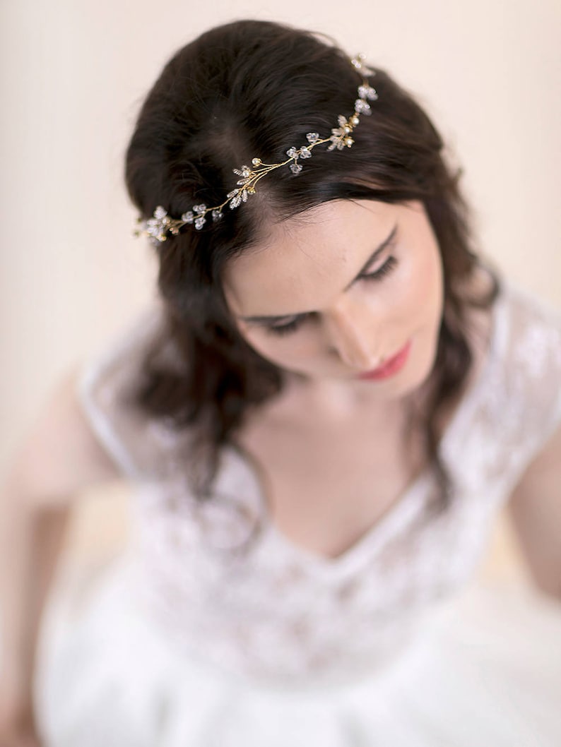 Delicate Hair Vine Wedding Wreath with Crystals Floral Bridal Hair Piece Crystal Vine Wedding Hairpiece image 3