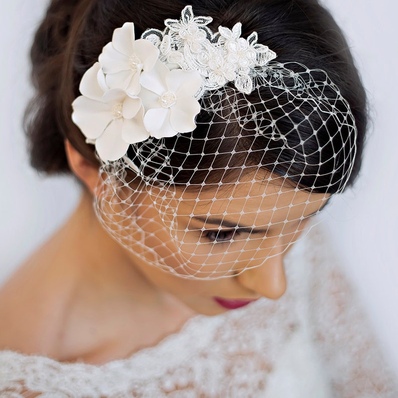 Small Birdcage Veil with Cherry Blossom in Ivory or White Bridal Hair Piece Wedding Hair Piece image 2