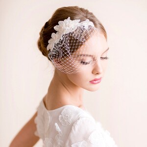 Lace Hair Piece with Small Birdcage Veil Bridal Lace Hair Piece Bridal Birdcage Veil with Lace Pearl, Lace, Ivory image 2