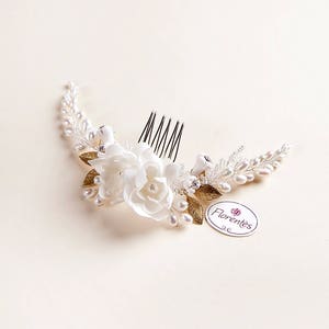 Veil Flower Hair Comb Dahlia Flower Bridal Headpiece with Pearls Wedding Hair Comb Ivory, white image 7
