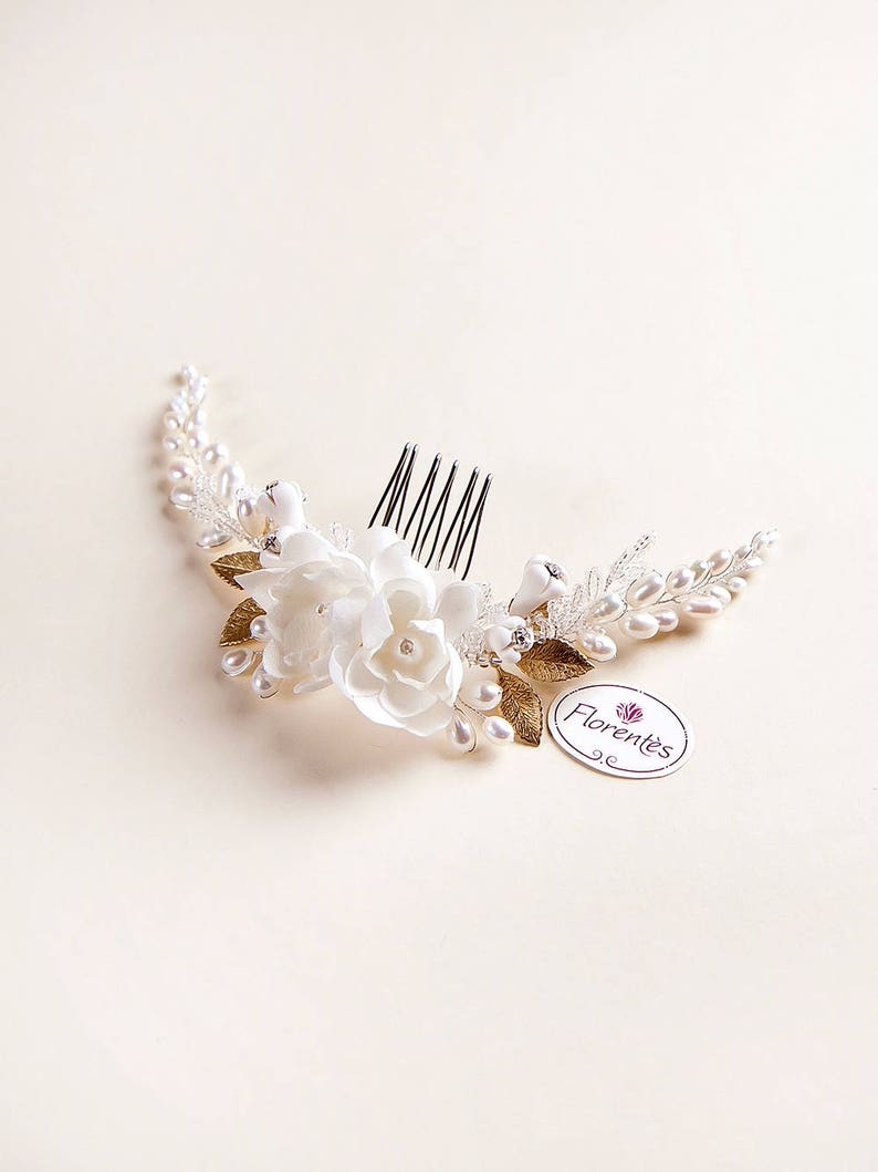 Veil Flower Hair Comb Dahlia Flower Bridal Headpiece with Pearls Wedding Hair Comb Ivory, white image 7