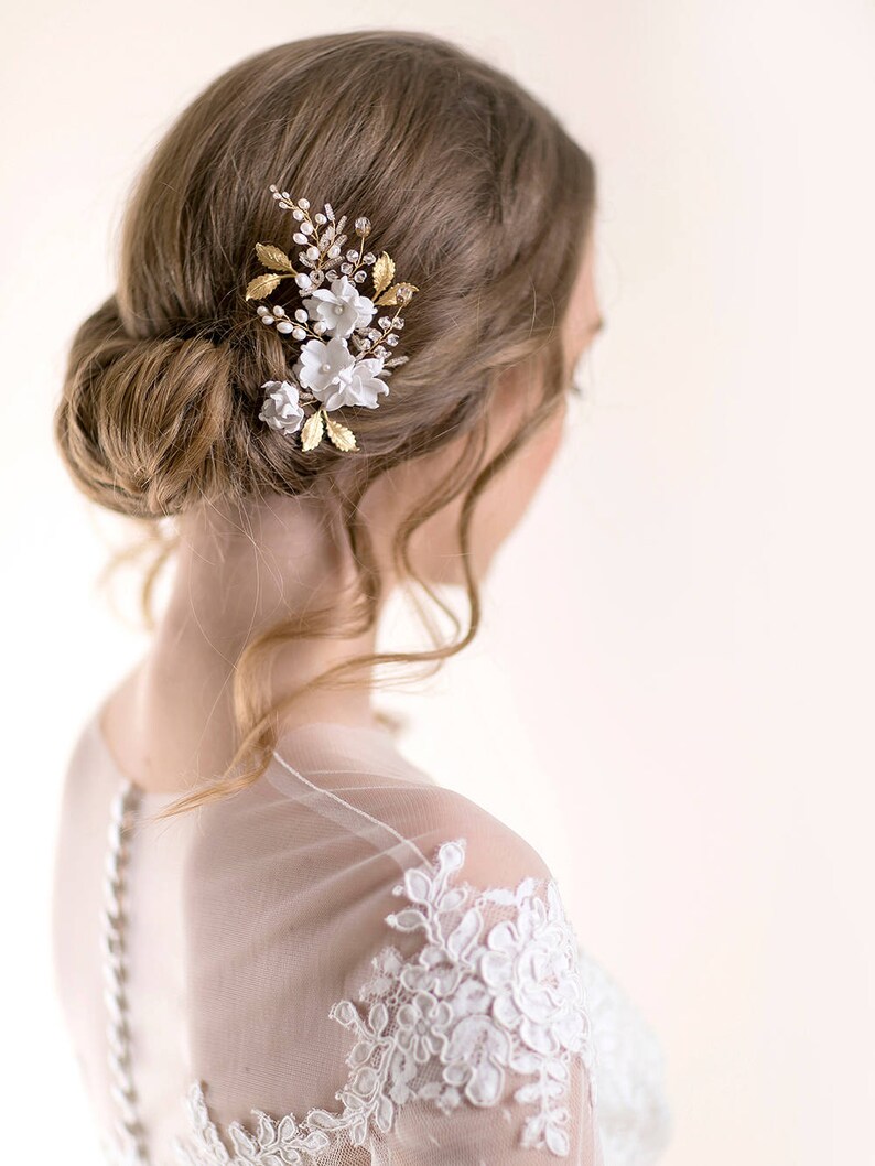Gold Bridal Headpiece with Iris Flower Floral Wedding Hair Comb Wedding Hair Accessories Pearl and Crystal Head Piece image 3