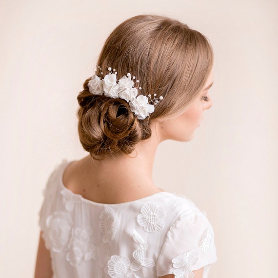 Bridal Hair Pin Set Chiffon and Pearls Wedding Hair | Etsy