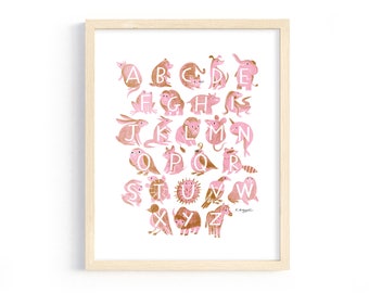 Alphabet Print - Downloadable Print for Kids Room - Pink and Orange - Montessori, Classroom, Kids, Toddler, Preschool, Educational