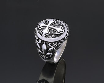 Cross Men's Ring, Sterling Silver Fleurs-de-lis Ring, Men's Black Statement Ring, Gift for Him