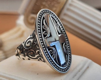 Sterling Silver Oval Cross Ring, Handmade Statement Ring, Mens Ring, Byzantine Ring
