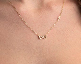 14K Gold Infinity Necklace, Wife Gift, 14k Gold Necklace Chain Cubic Zirconia Pendant, Gift For Her, Infinity Symbol, Anniversary Gift