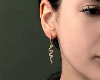 Gold Snake Dangle Hoop Earrings with zircons, Zirconia Earrings, Snake Hoops, Animal Earrings, Gold Plated Silver 925