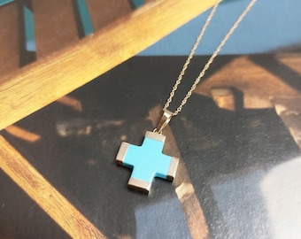 14K Gold Turquoise Cross Necklace: Handmade Zircon Stone Pendant