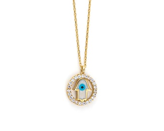 Collar de ojo turco de oro de 14 quilates con circonitas, collar de mano, collar protector, collar de ojo azul, collar de oro de buena suerte, regalo para ella