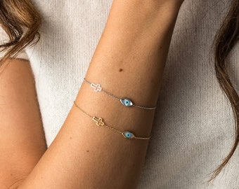 9K Gold Tiny Evil Eye Bracelet with Cross, Eye Cross Bracelet, Minimal Bracelet, Handmade Greek Jewelry