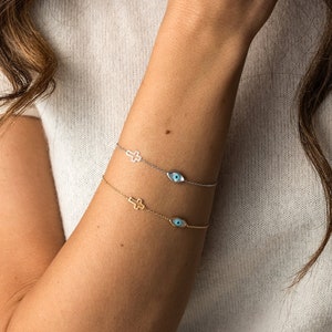 9K Gold Tiny Evil Eye Bracelet with Cross, Eye Cross Bracelet, Minimal Bracelet, Handmade Greek Jewelry