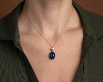 Lapis Lazuli Necklace with Pearl, Vintage Gemstone Necklace, Gold Plated Blue Stone Necklace