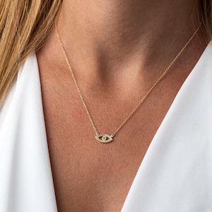 14K Gold Evil Eye Necklace, Dainty Solid Gold Necklace, Protection Necklace, Good Luck Necklace