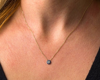 9K Gold Round Evil Eye Necklace with Zircons, Tiny Evil Eye Charm Necklace, Protection Necklace, Lucky Eye Necklace