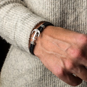 Sterling Silver Anchor Leather Bracelet, Personalized Men&#39;s Gift, Handmade Nautical Bracelet, Unisex Braided Bracelet