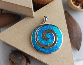 Blue Opal Spiral Necklace Pendant, Greek Spiral Pendant, Blue Opal Charm, Sterling Silver Pendant