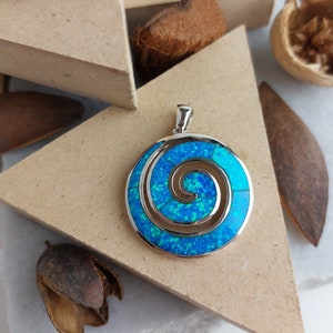 Blue Opal Spiral Necklace Pendant, Greek Spiral Pendant, Blue Opal Charm, Sterling Silver Pendant