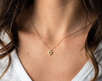 14K Gold Star of David Necklace, Minimalist Necklace, Solid Gold Celestial Necklace, Simple Layering Necklace