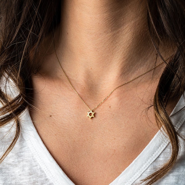 14K Gold Star of David Necklace, Minimalist Necklace, Solid Gold Celestial Necklace, Simple Layering Necklace