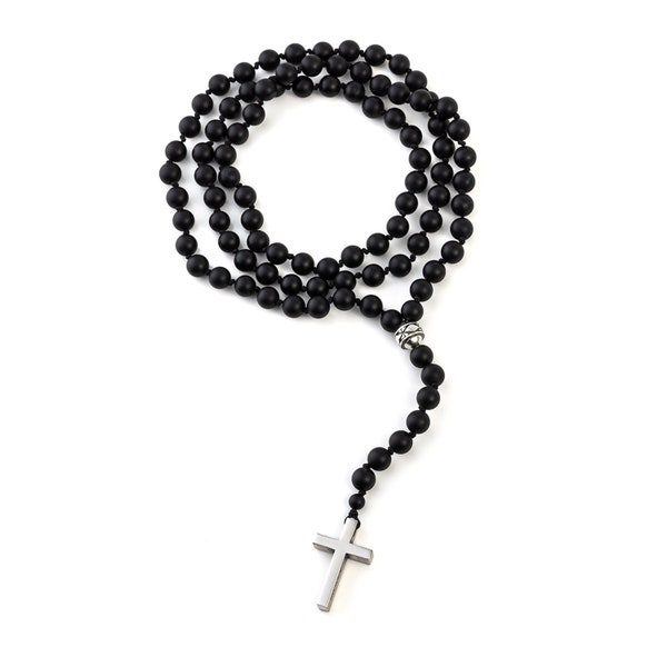 Kreuz Rosenkranz Halskette mit Onyx Mat Beads, Sterlingsilber Herrenkette, 6mm Perlenkette